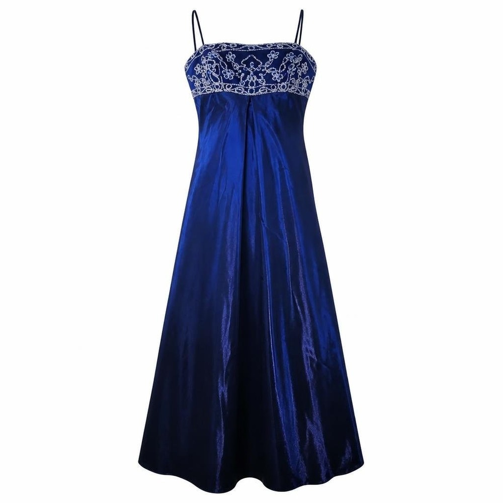 VTG Eureka Y2K Prom Dress Womens M Royal Blue Satin Beaded Bodice Maxi Empire
